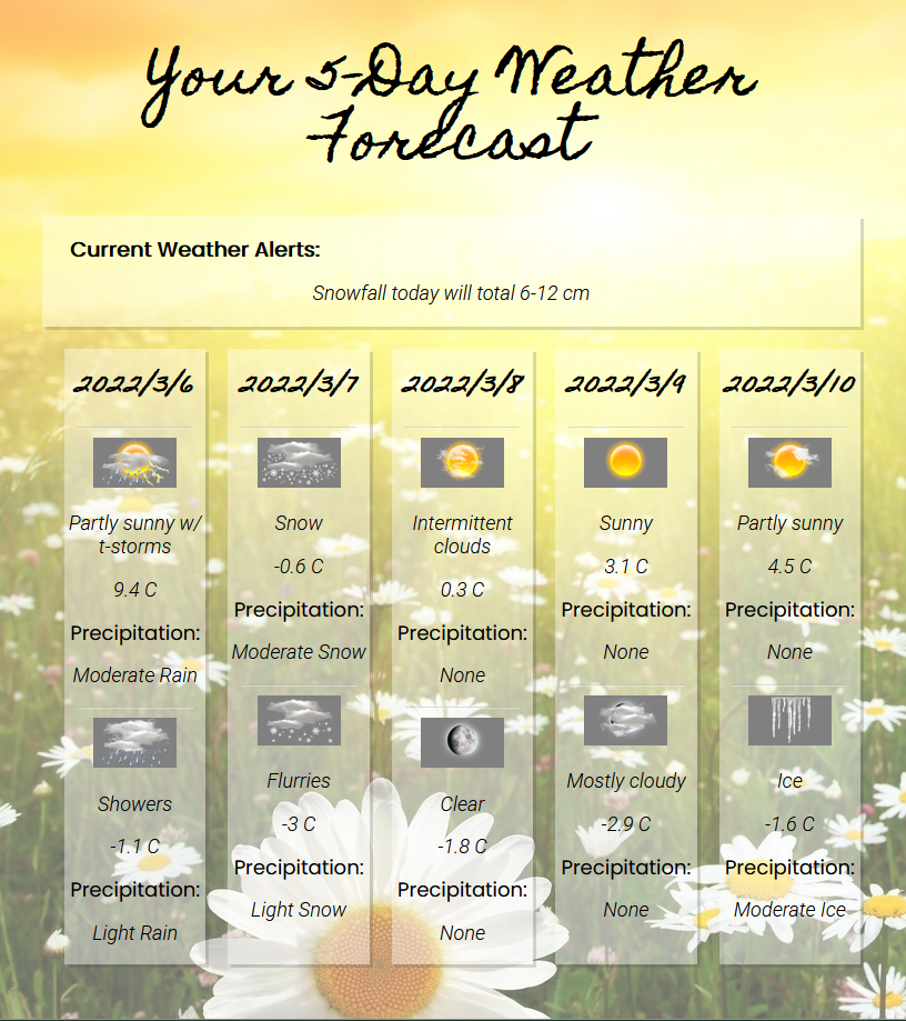 A screenshot of the 5-Day Weather Forecast webb app.